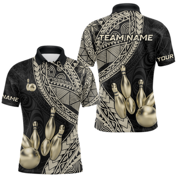 Maxcorners Black and Gold Tribal Pattern Bowling Jersey for Men Bowling Uniform Bowling Team Shirts