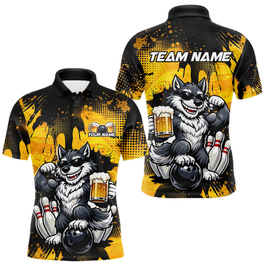 Maxcorners Custom Beer Wolf Bowling Jersey for Men Bowling Team Shirts Bowling Polo & 1/4 Zip LM2704