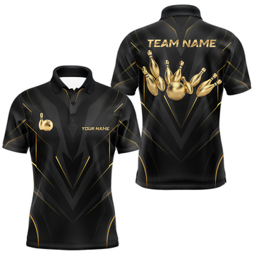 Maxcorners Custom Black and Gold Bowling Shirt for Men Bowling Team Jersey Bowling League Polo & 1/4 Zip LM0106