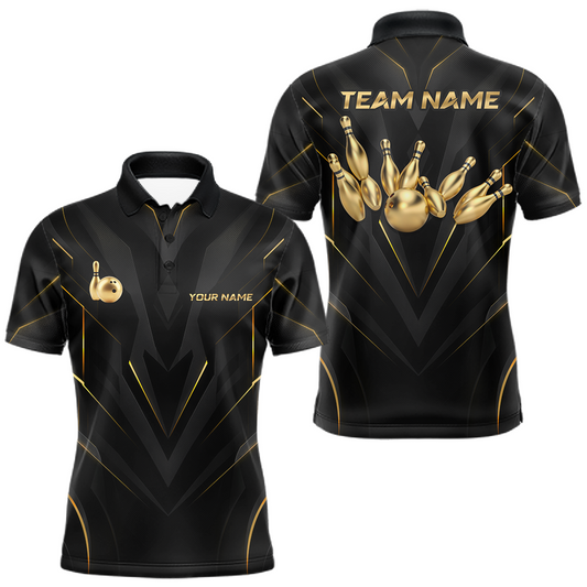Maxcorners Custom Black and Gold Bowling Shirt for Men Bowling Team Jersey Bowling League Polo &1/4 Zip