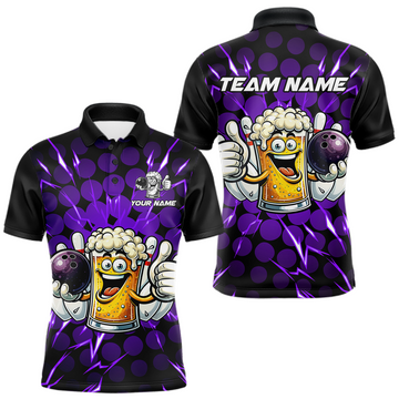 Maxcorners Custom Purple Funny Beer Bowling Jersey for Men Bowling Team Shirts Polo & 1/4 Zip
