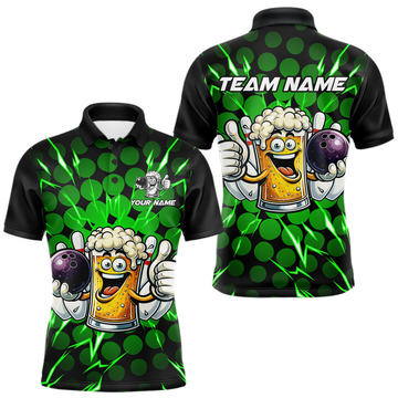 Maxcorners Custom Green Funny Beer Bowling Jersey for Men Bowling Team Shirts Polo & 1/4 Zip
