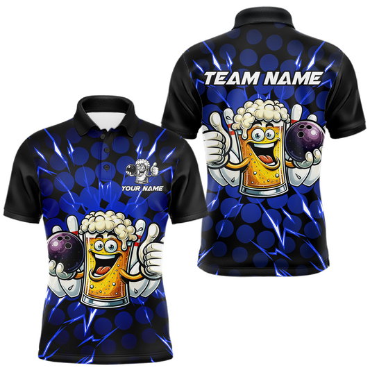 Maxcorners Custom Blue Funny Beer Bowling Jersey for Men Bowling Team Shirts Polo & 1/4 Zip LM1904