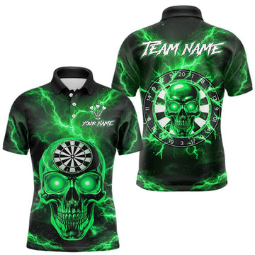Maxcorners Custom Green Lightning Thunder Skull Dart Shirts For Men Darts Team Jerseys Polo & 1/4 Zip LM0602