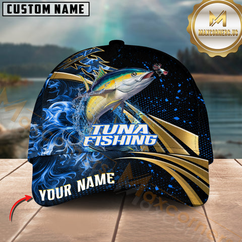 Maxcorners TunaFishing Fire Gold Pattern With Blue Flame Pattern Sport Pattern Personalized Name 3D Cap MT78
