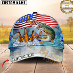 Maxcorners Pike Fishing Beer With USA Flag Pattern Sport Pattern Personalized Name 3D Cap MT78