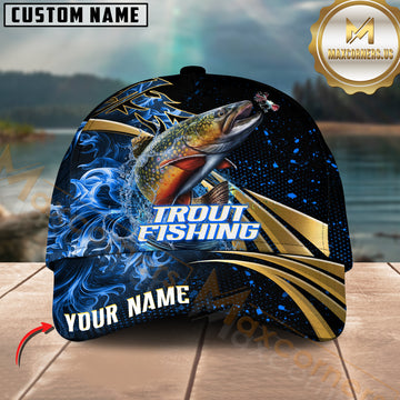 Maxcorners Trout Fishing Fire Gold Pattern With Blue Flame Pattern Sport Pattern Personalized Name 3D Cap MT78
