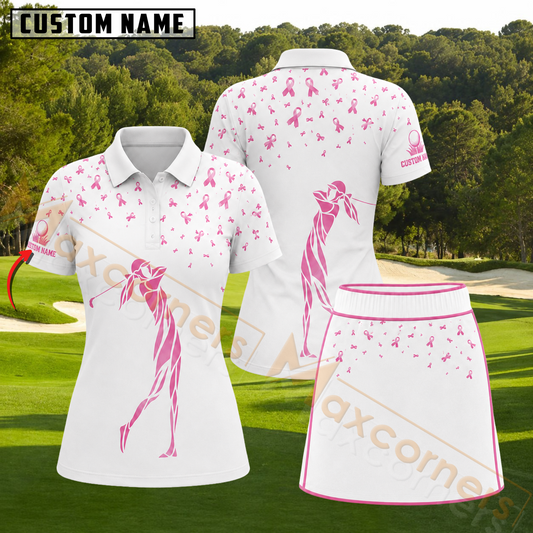 Maxcorners Pink Ribbon Golfer Silhouette Personalized Name 3D Golf Shirt and Golf Skirt