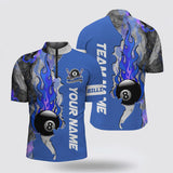 MaxCorners Billiard 8 Ball Fire Smoke Blue Jerseys  Customized Name And Team Name 3D Zip Polo Shirt For Men