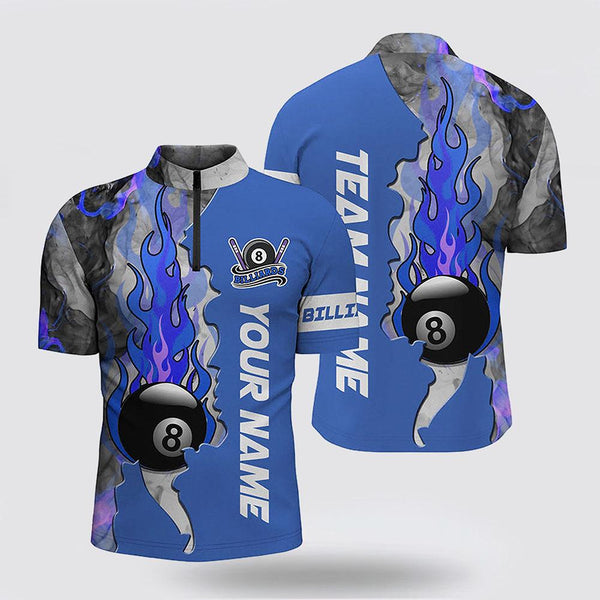 MaxCorners Billiard 8 Ball Fire Smoke Blue Jerseys  Customized Name And Team Name 3D Zip Polo Shirt For Men