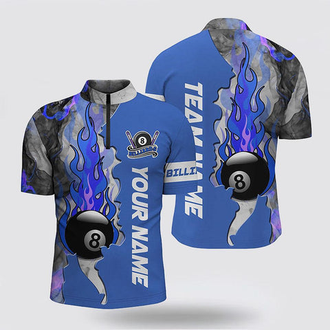 MaxCorners Billiard 8 Ball Fire Smoke Blue Jerseys  Customized Name And Team Name 3D Zip Polo Shirt For Men