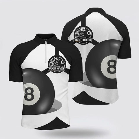MaxCorners Billiard 8 Ball Pool Black White Jerseys  Customized Name And Team Name 3D Zip Polo Shirt For Men