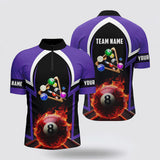 MaxCorners Billiard 8 Ball Pool Fire Purple Jerseys Customized Name And Team Name 3D Zip Polo Shirt For Men