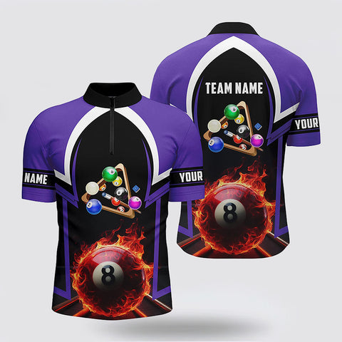 MaxCorners Billiard 8 Ball Pool Fire Purple Jerseys Customized Name And Team Name 3D Zip Polo Shirt For Men