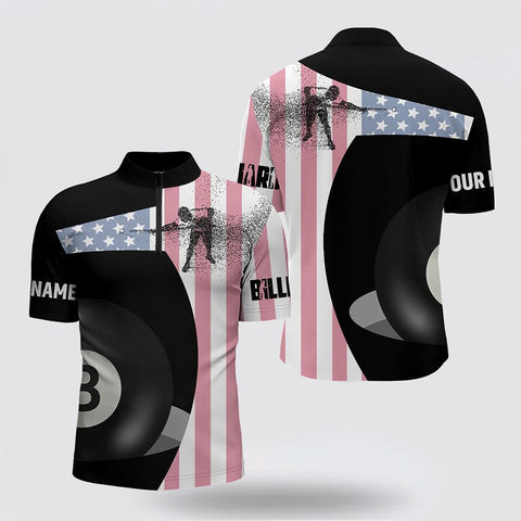 MaxCorners Billiard 8 Ball Pool US Flag Jerseys Customized Name And Team Name 3D Zip Polo Shirt For Men