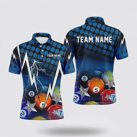 Maxcorners 3D Thunder Billiard Polo Shirts Blue Billiard Pool Balls Jerseys