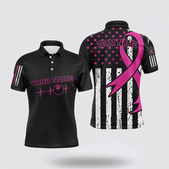 Maxcorners Billiard Polo Shirts, Breast Cancer Awareness American Flag Pink Ribbon, Billiard Shirt Designs