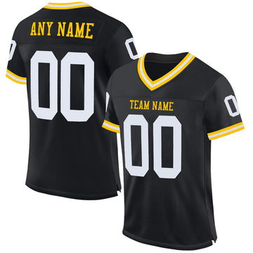 Maxcorners Custom Black White-Gold Mesh Authentic Throwback Football Jersey LM2605