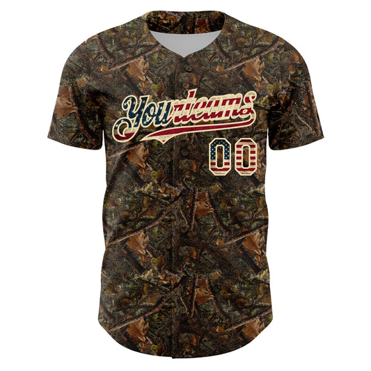 Maxcorners Custom Camo Vintage USA Flag-Cream Woodland Camo Premium Salute To Service 3D Baseball Jersey LM0210