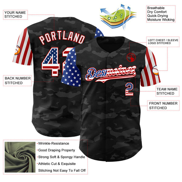 Maxcorners Custom Camo USA Flag Black-Red 3D Premium Salute To Service Baseball Jersey LM0210