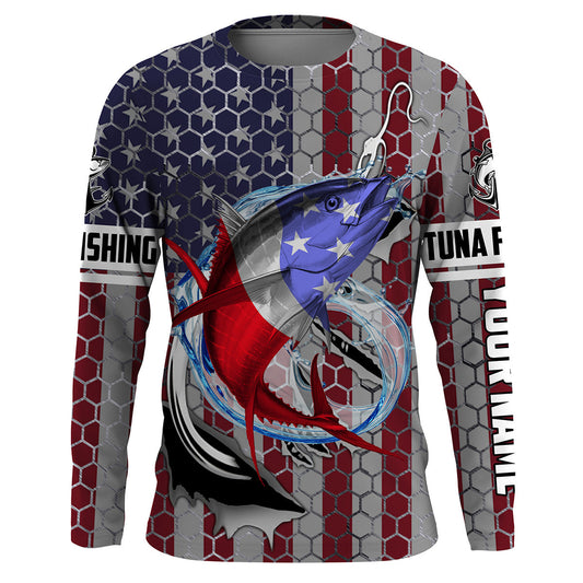 Maxcorners Personalized Tuna Fishing Fish Hook Vintage American Flag Saltwater Fishing UV Protection Fishing Shirts LM2408