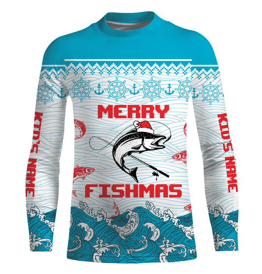 Maxcorners Salmon Fishing Funny Merry Fishmas Christmas pattern Fishing Shirts, Christmas Fishing gifts  LM0201