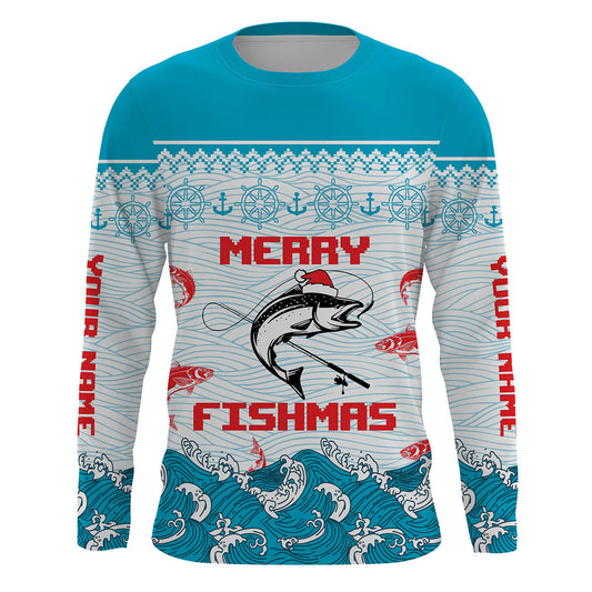 Maxcorners Salmon Fishing Funny Merry Fishmas Christmas pattern Fishing Shirts, Christmas Fishing gifts  LM0201