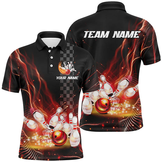 Maxcorners Bowling Polo Shirt Custom Red Light For Men Bowling Ball And Pins Team Bowling Jersey, Gift For Bowlers