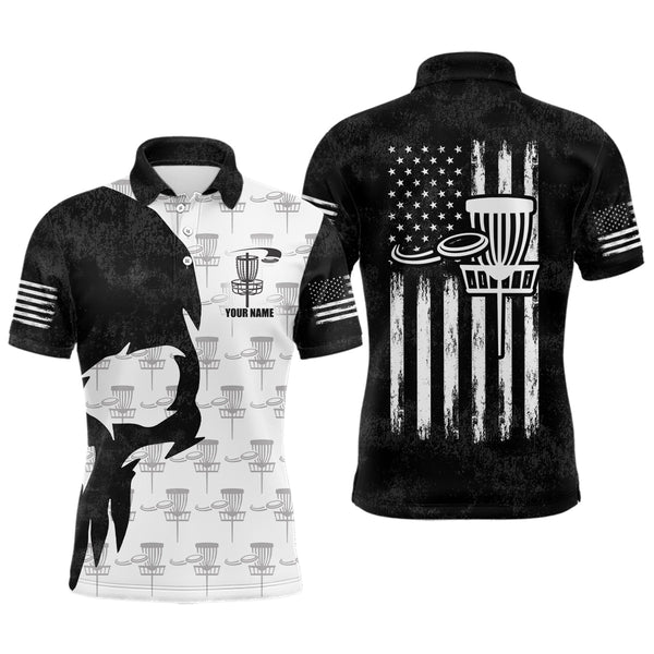 Maxcorners Disc Golf Basket Pattern Black Skull American Flag Mens Polo Shirt Disc Golf Gifts For Men MT0510