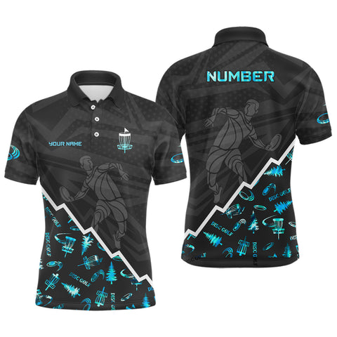 Maxcorners Blue Neon Black Mens Disc Golf Polo Shirt Custom Name And Number Disc Golf Gifts For Men Disc golf basket MT0510