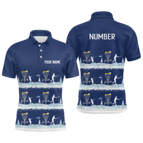 Maxcorners Winter Disc Golf Pattern Mens Disc Golf Polo Shirt Custom Name And Number Disc Golf Gifts For Men | Dark Blue MT0510