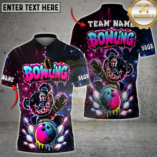 Maxcorners Bowling Graffiti Teddy Bear Bowling Ball and Pins Multicolor Customized Name, Team Name 3D Shirts