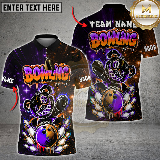 Maxcorners Bowling Graffiti Teddy Bear Bowling Ball and Pins Multicolor Customized Name, Team Name 3D Shirts