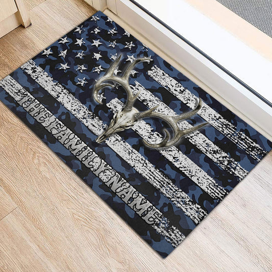 Maxcorners Personalized Hunting Rubber Doormat, Deer Hunting Skull Blue Camo Camouflage Welcome Doormat, Custom Name Indoor Outdoor Door Mat, Home Decor LM1611