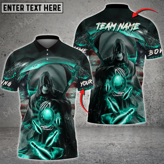 Max Corner Bowling and Pins Reaper Fire Flag Pattern Multicolored Bowling jerseys Custom Name And Team 3D Polo Shirt