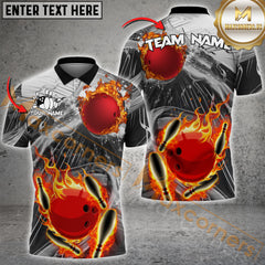 Maxcorners Bowling Ball & Pins Flame Pattern Jersey Style Personalized Name, Team Name 3D Polo Shirt (4 Colors)