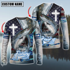 Maxcorners Chinook Fishing The Cross And Flag USA Pattern Personalized Name, Team Name Long Sleeve Shirt