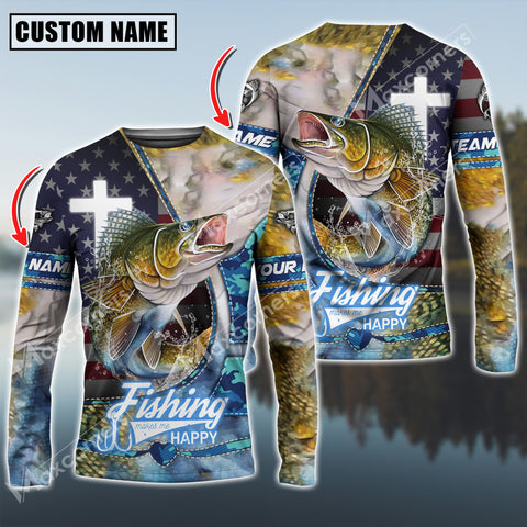 Maxcorners Walleyes Fishing The Cross And Flag USA Pattern Personalized Name, Team Name Long Sleeve Shirt