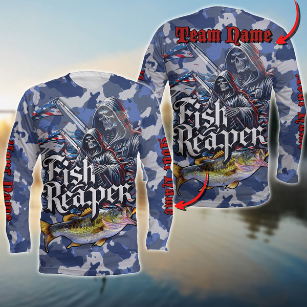 Maxcorners Bass Fishing Skull Reaper Camo Pattern Sport Jersey Personalized Name Long Sweat Shirt