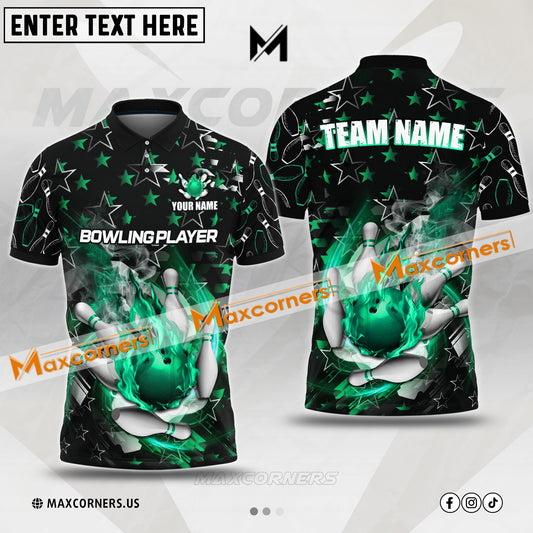 Maxcorners Bowling & Pins Flame Fire Ball Star Pattern Multicolor Option Customized Name, Team Name 3D Polo Shirt (4 Colors)