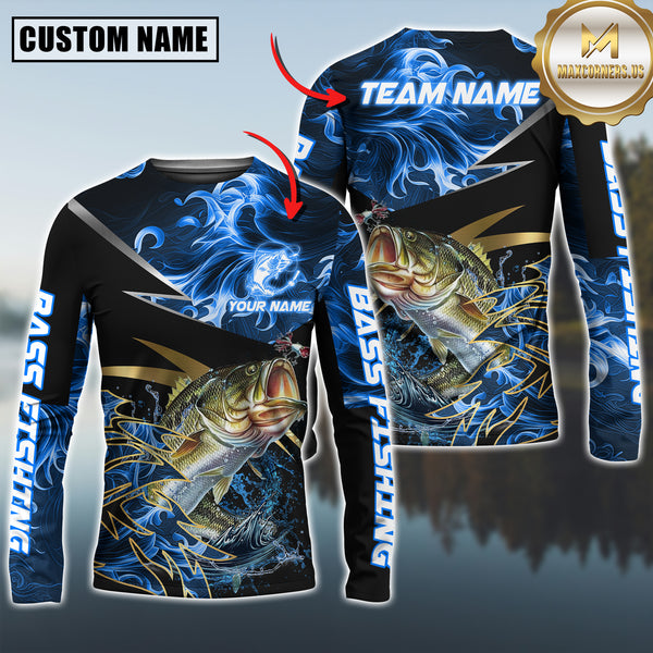 Maxcorners Bass Fishing Blue Flame Premium Golden & Silver Line  Pattern Sport Jersey Personalized Name, Team Name Long Sleeve Shirt