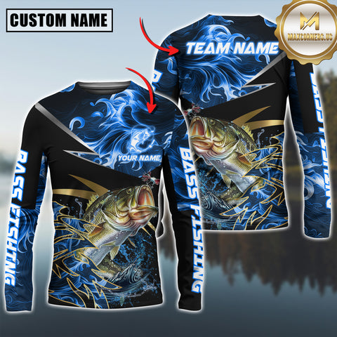 Maxcorners Bass Fishing Blue Flame Premium Golden & Silver Line  Pattern Sport Jersey Personalized Name, Team Name Long Sleeve Shirt