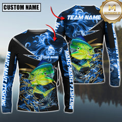 Maxcorners Mahi-Mahi Fishing Blue Flame Premium Golden & Silver Line  Pattern Sport Jersey Personalized Name, Team Name Long Sleeve Shirt