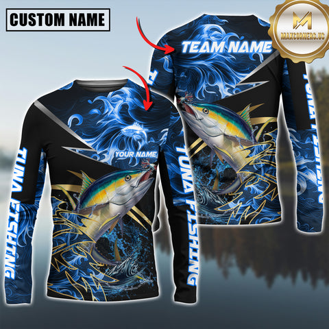 Maxcorners Tuna Fishing Blue Flame Premium Golden & Silver Line  Pattern Sport Jersey Personalized Name, Team Name Long Sleeve Shirt