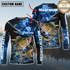 Maxcorners Walleye Fishing Blue Flame Premium Golden & Silver Line  Pattern Sport Jersey Personalized Name, Team Name Long Sleeve Shirt