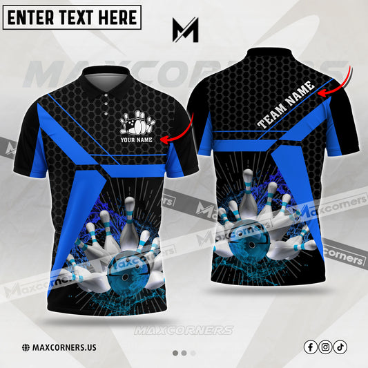 Maxcorners Bowling Ball & Pins Water Hexagon Pattern Pro Sport Jersey Multicolor Customized Name 3D Polo Shirt (4 Colors) 01