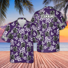 Maxcorners Bowling Skull & Hibiscus Multicolor Customized Name, Team Name Hawaiian Shirt
