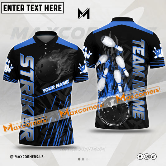 Maxcorner Bowling Ball & Pins Strike Flame Pattern Multicolor Option Customized Name 3D Shirt (4 Colors)
