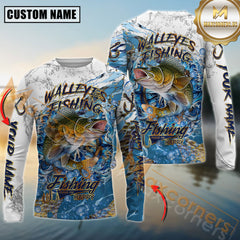 Maxcorners Walleye Fishing Ocean Splash Design Personalized Name, Team Name Long Sleeve Shirt