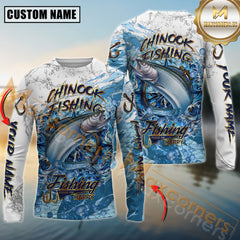 Maxcorners Chinook Fishing Ocean Splash Design Personalized Name, Team Name Long Sleeve Shirt